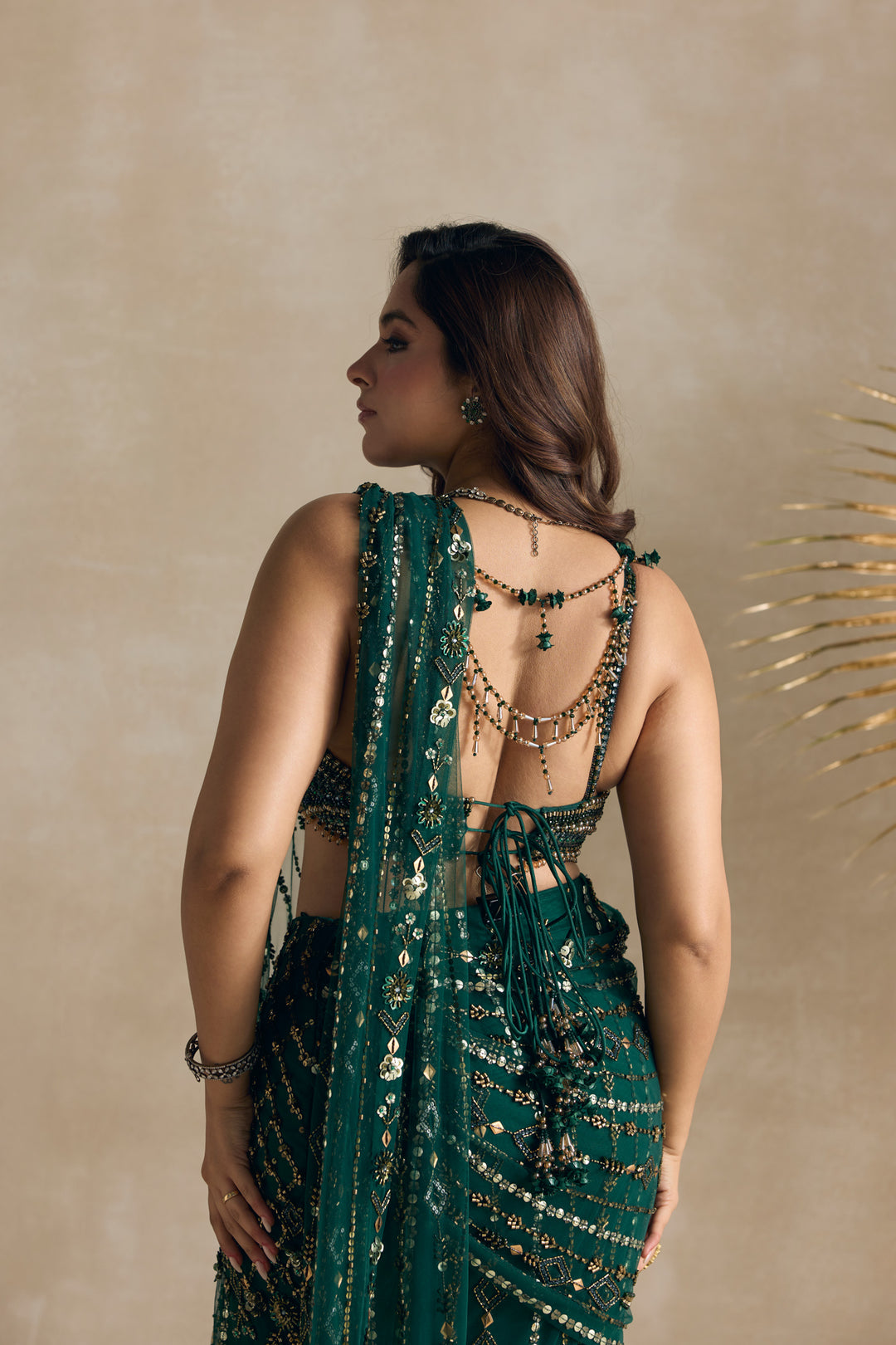 EMERALD GREEN AND GOLD PRE DRAPED SAREE