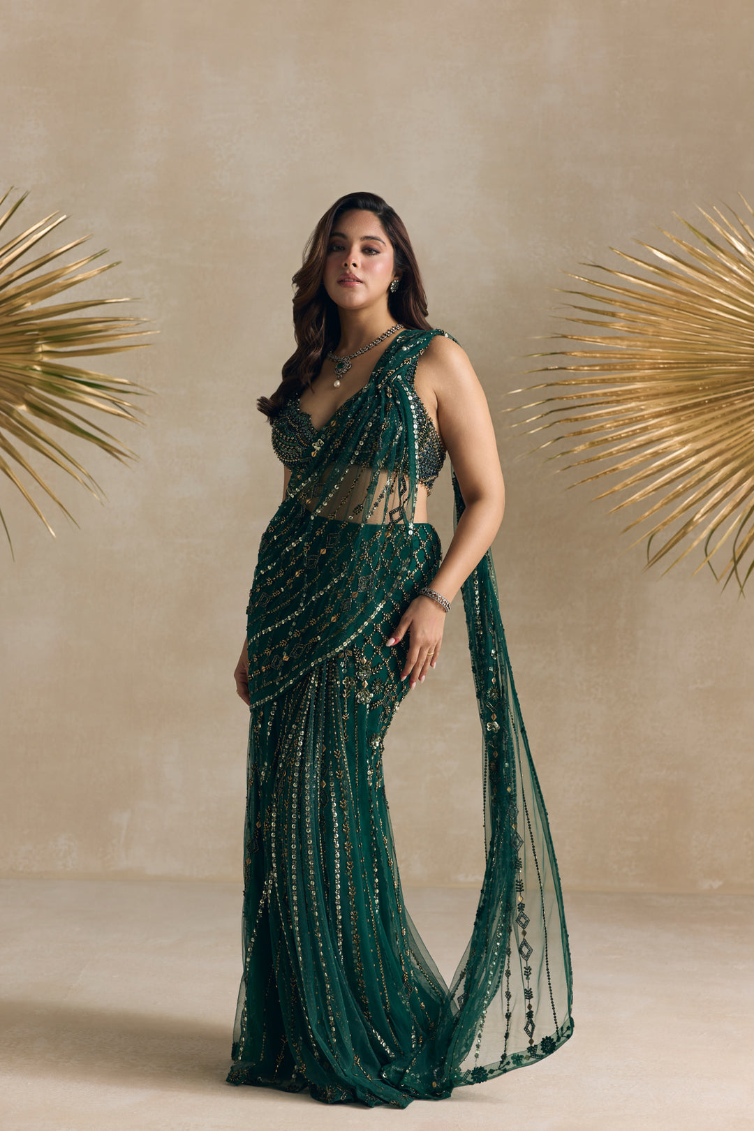 EMERALD GREEN AND GOLD PRE DRAPED SAREE