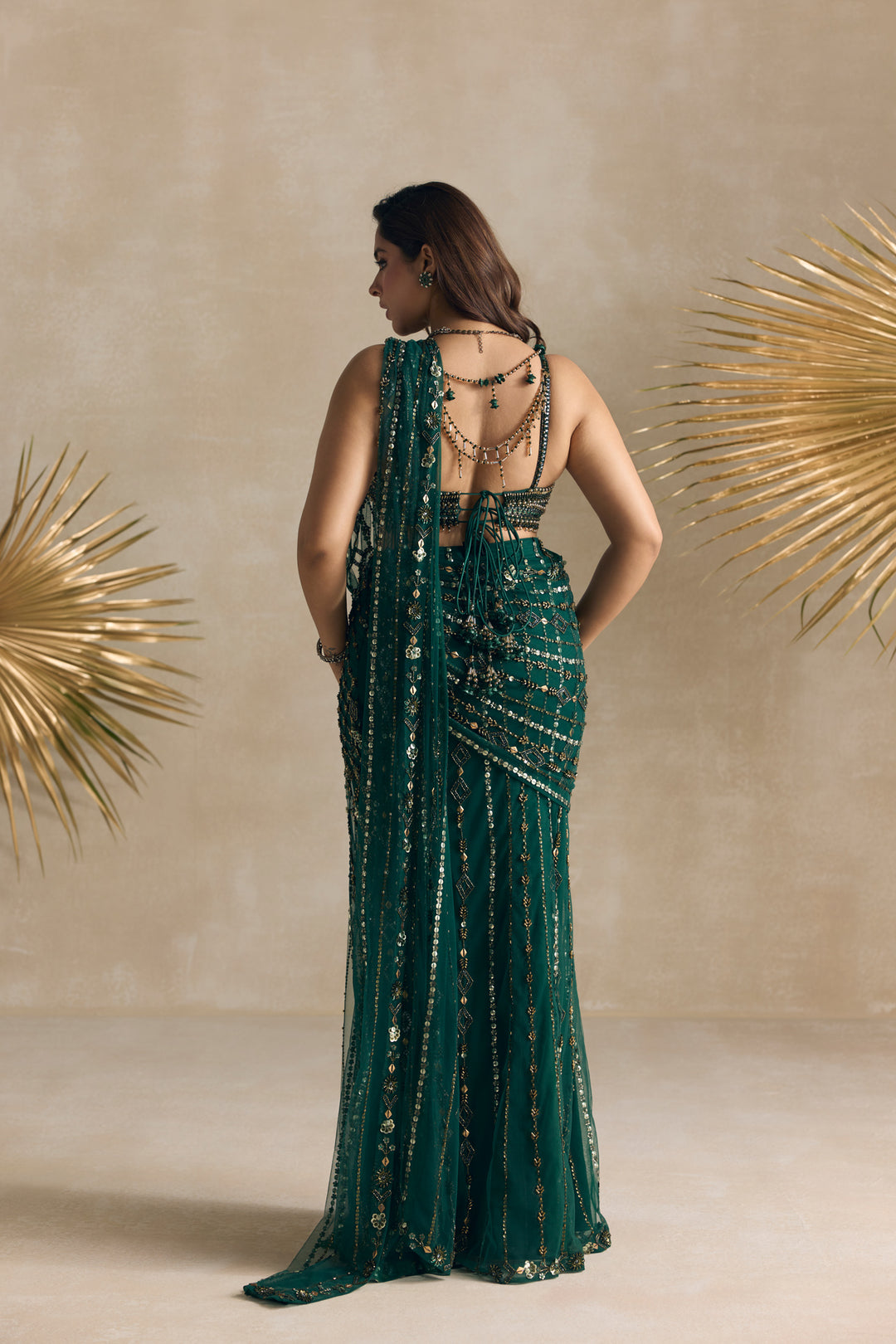EMERALD GREEN AND GOLD PRE DRAPED SAREE