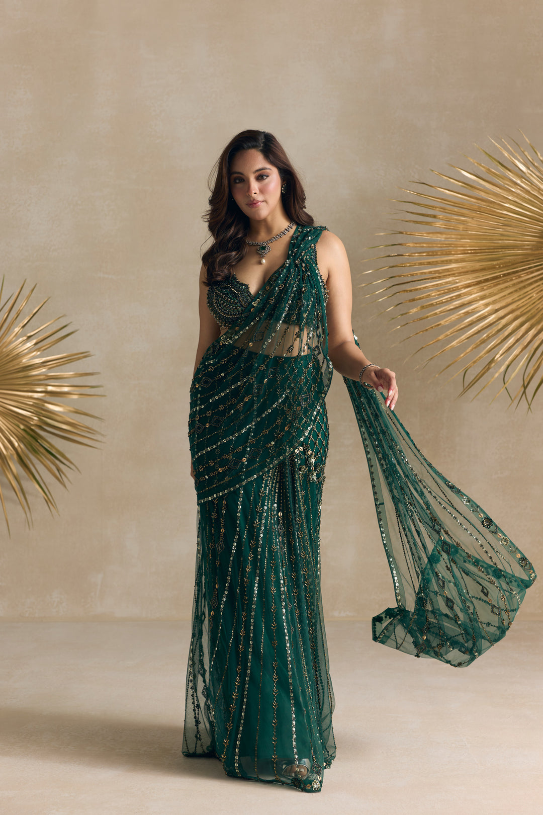 EMERALD GREEN AND GOLD PRE DRAPED SAREE