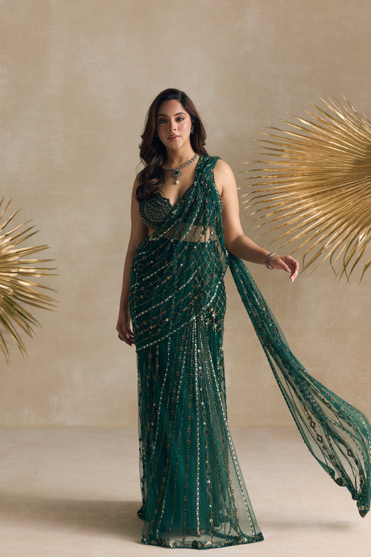 EMERALD GREEN AND GOLD PRE DRAPED SAREE