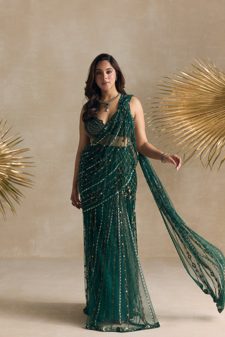 EMERALD GREEN AND GOLD PRE DRAPED SAREE