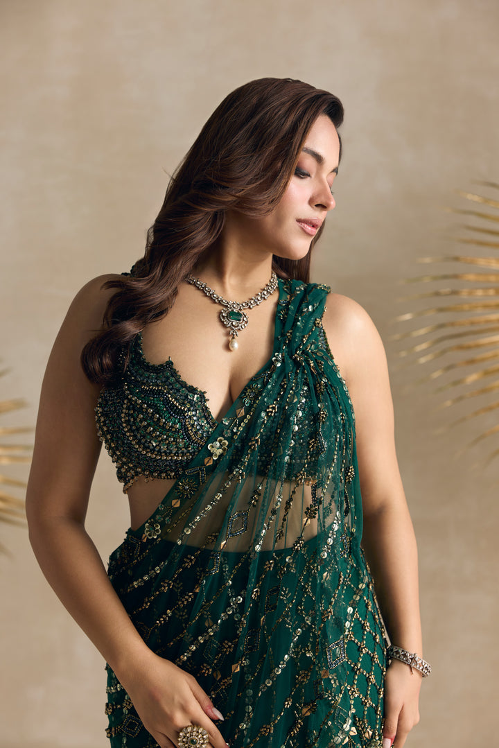 EMERALD GREEN AND GOLD PRE DRAPED SAREE