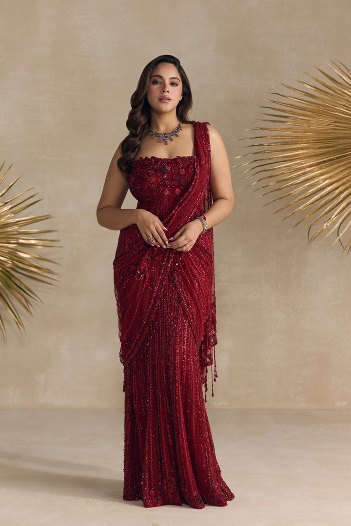 RED CORSET PRE DRAPED SAREE