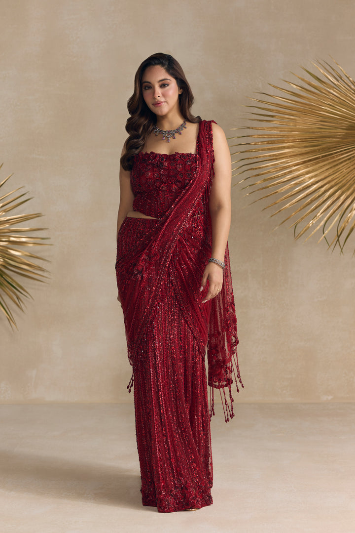 RED CORSET PRE DRAPED SAREE