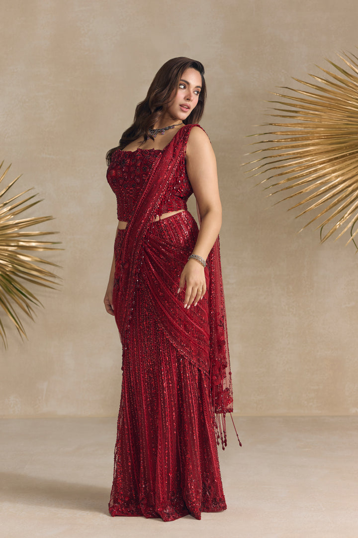 RED CORSET PRE DRAPED SAREE