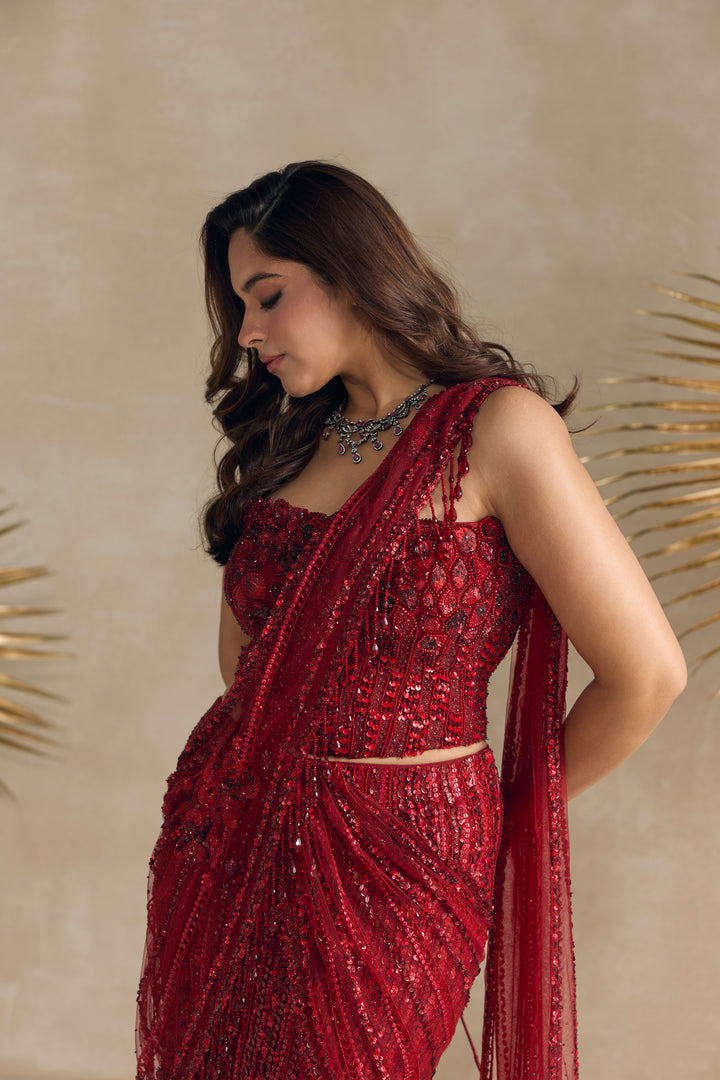RED CORSET PRE DRAPED SAREE