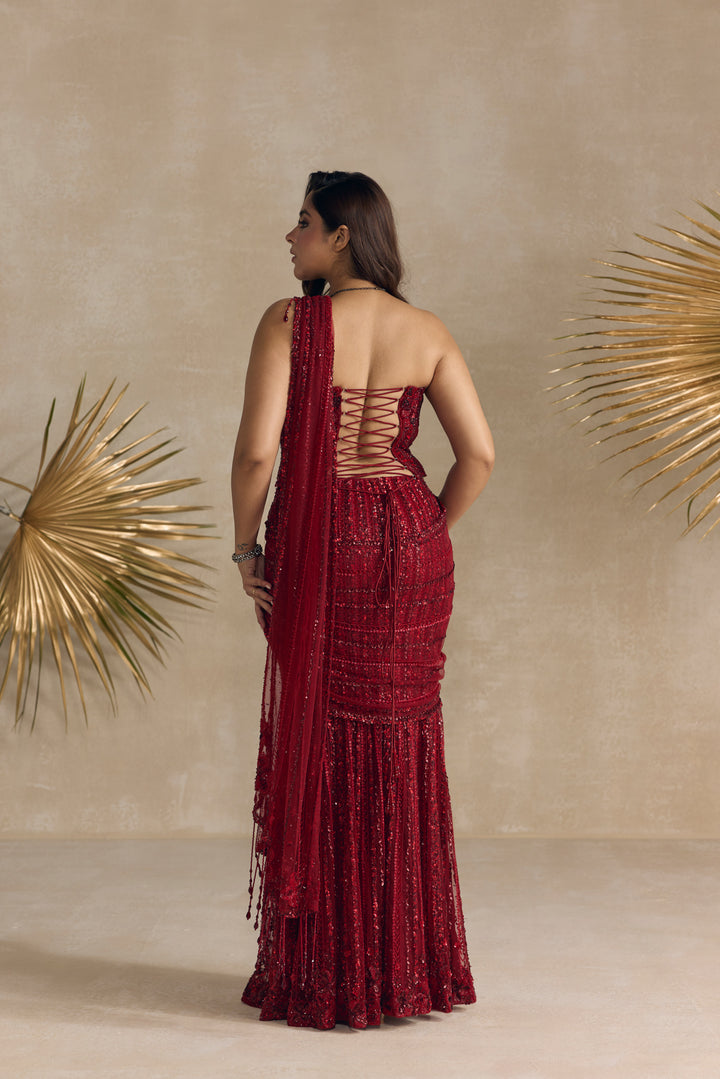 RED CORSET PRE DRAPED SAREE