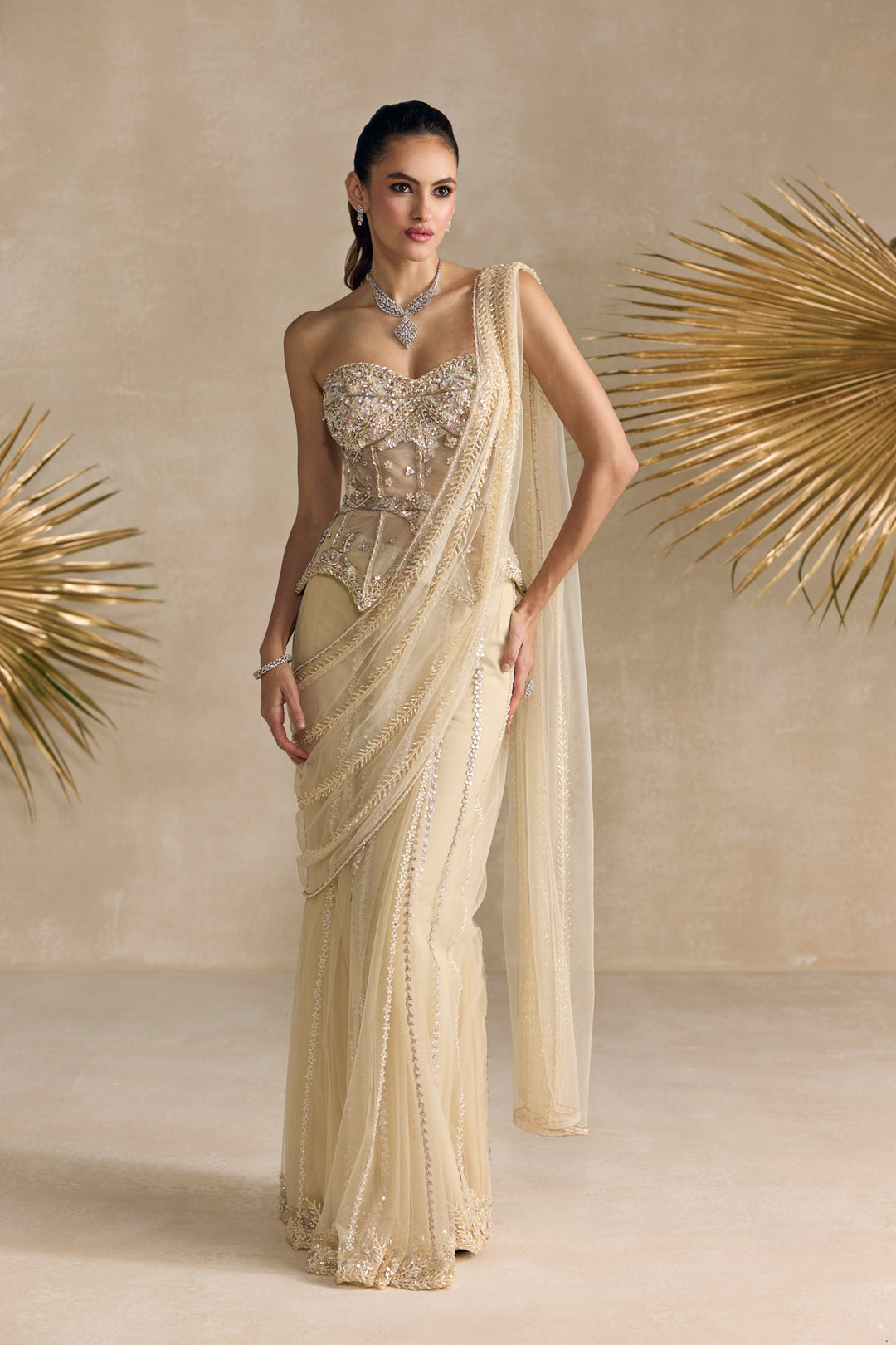 IVORY PEPLUM CORSET DRAPED SAREE