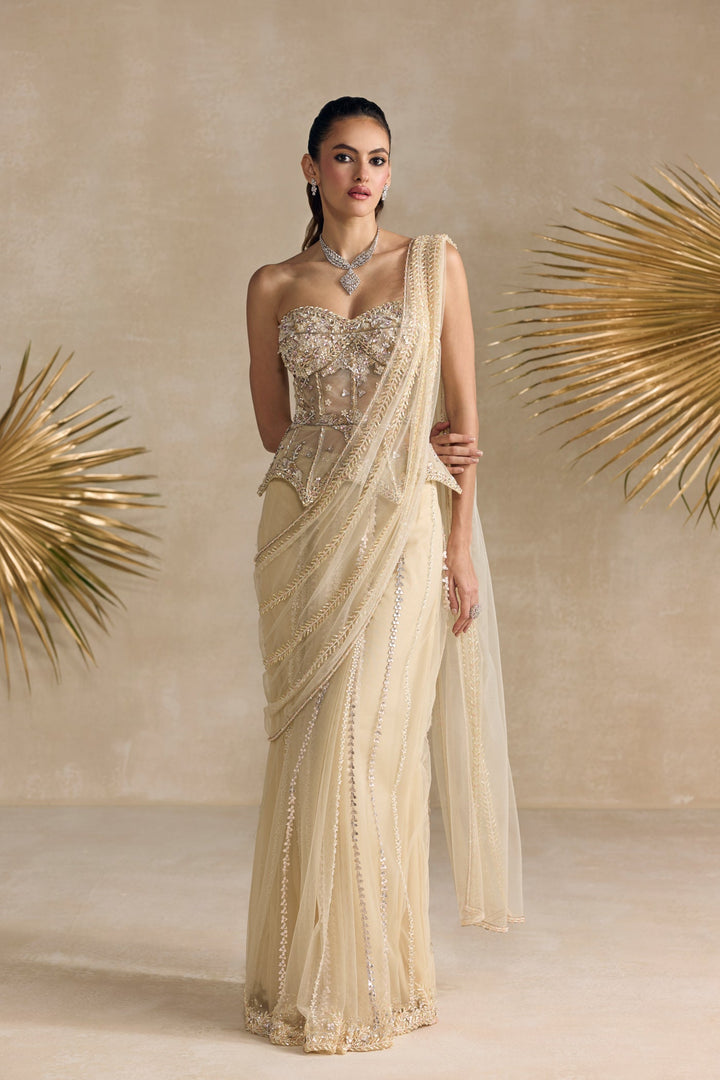 IVORY AND PINK PEPLUM CORSET PRE DRAPED SAREE