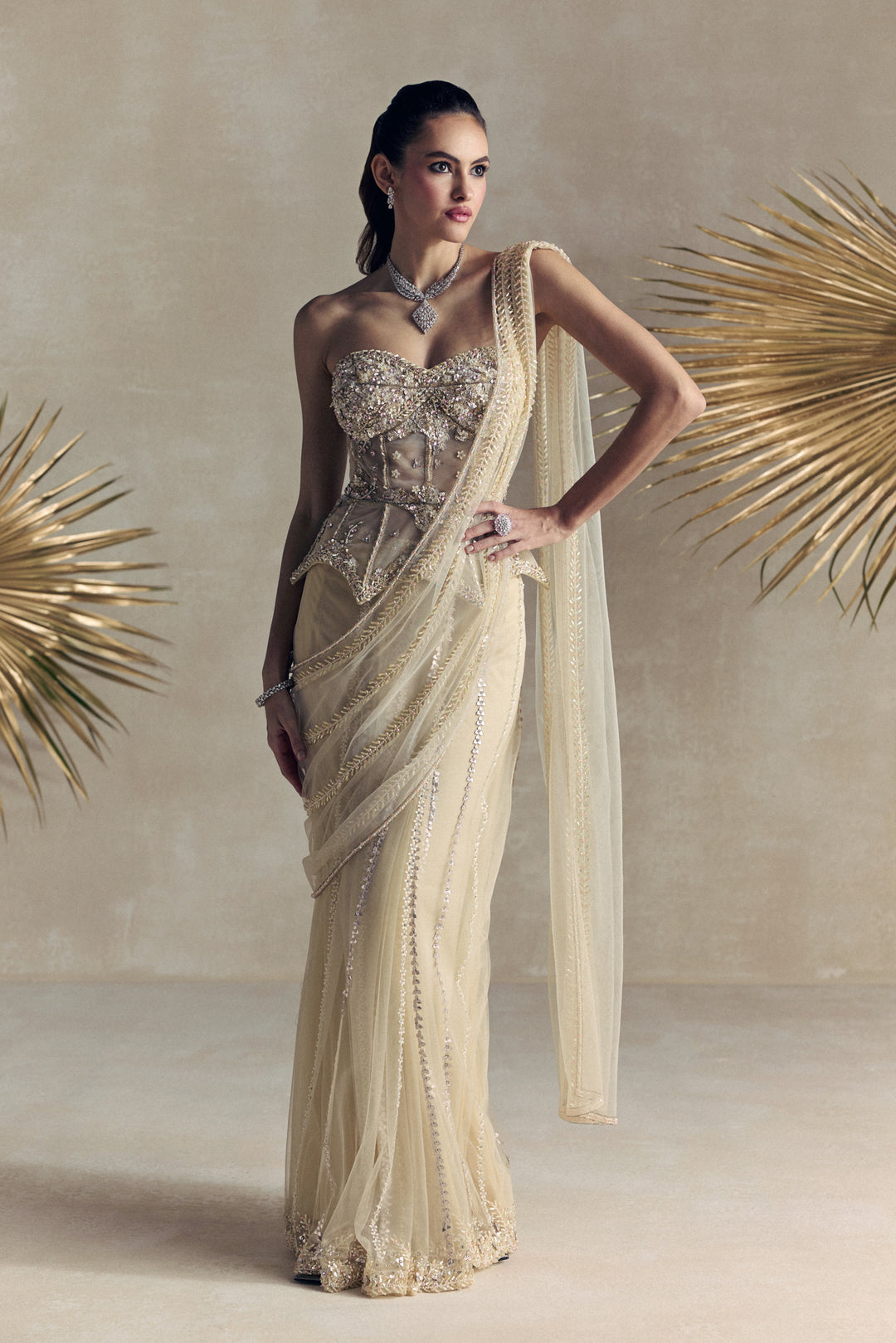 IVORY PEPLUM CORSET DRAPED SAREE