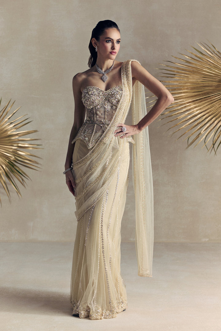 IVORY PEPLUM CORSET DRAPED SAREE
