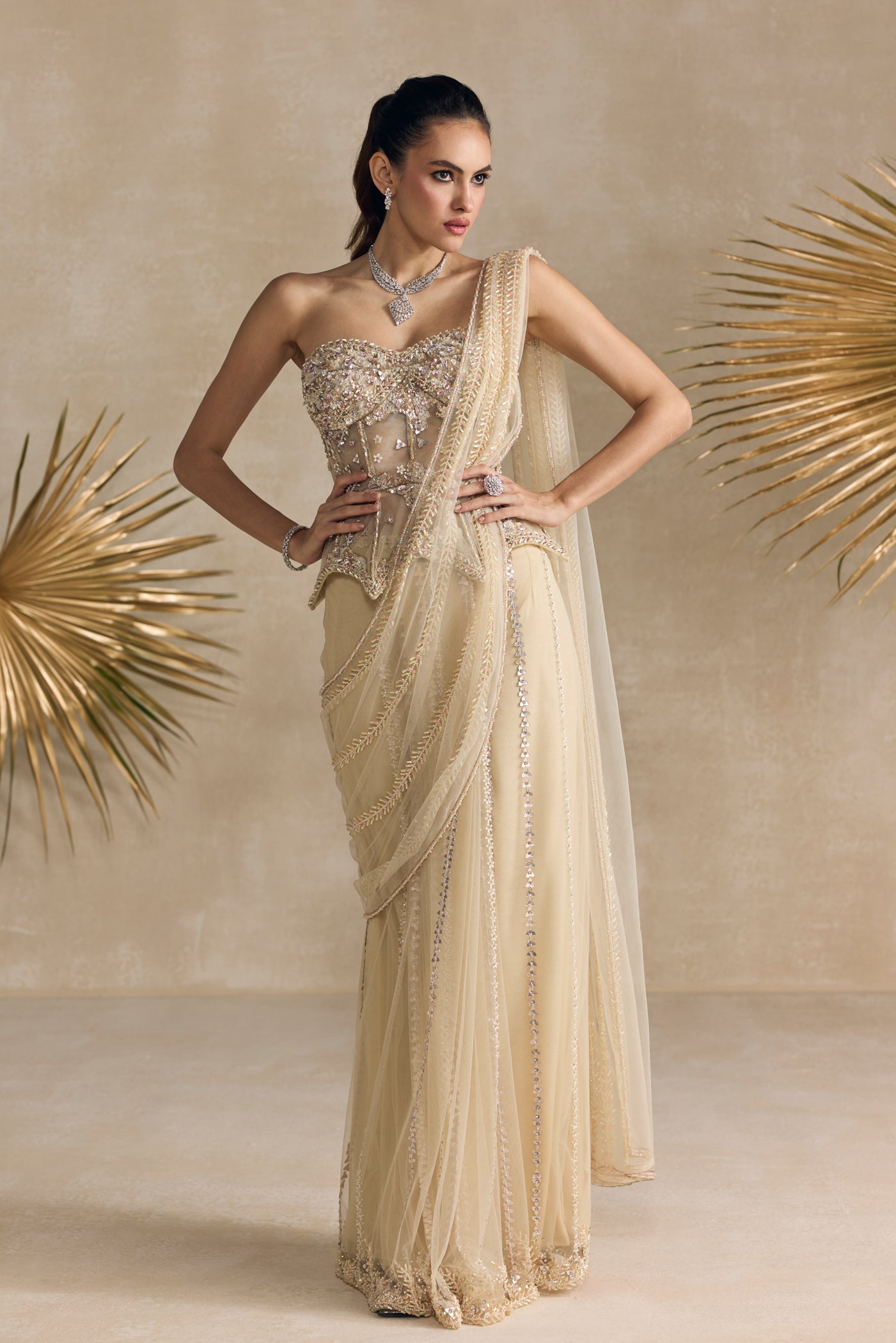 IVORY AND PINK PEPLUM CORSET PRE DRAPED SAREE