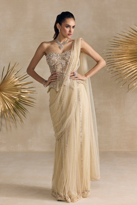 IVORY AND PINK PEPLUM CORSET PRE DRAPED SAREE