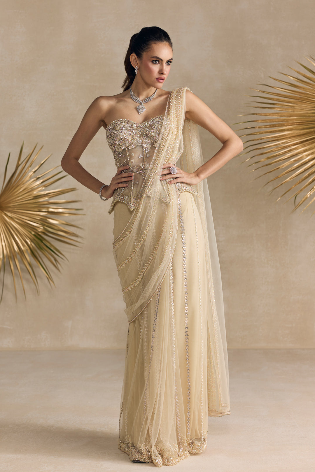 IVORY PEPLUM CORSET DRAPED SAREE