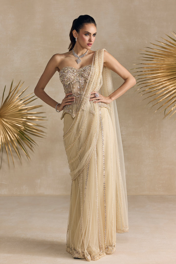 IVORY PEPLUM CORSET DRAPED SAREE
