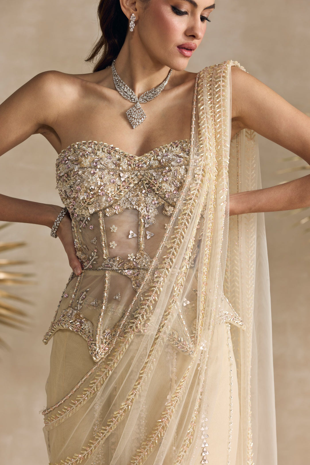IVORY AND PINK PEPLUM CORSET PRE DRAPED SAREE