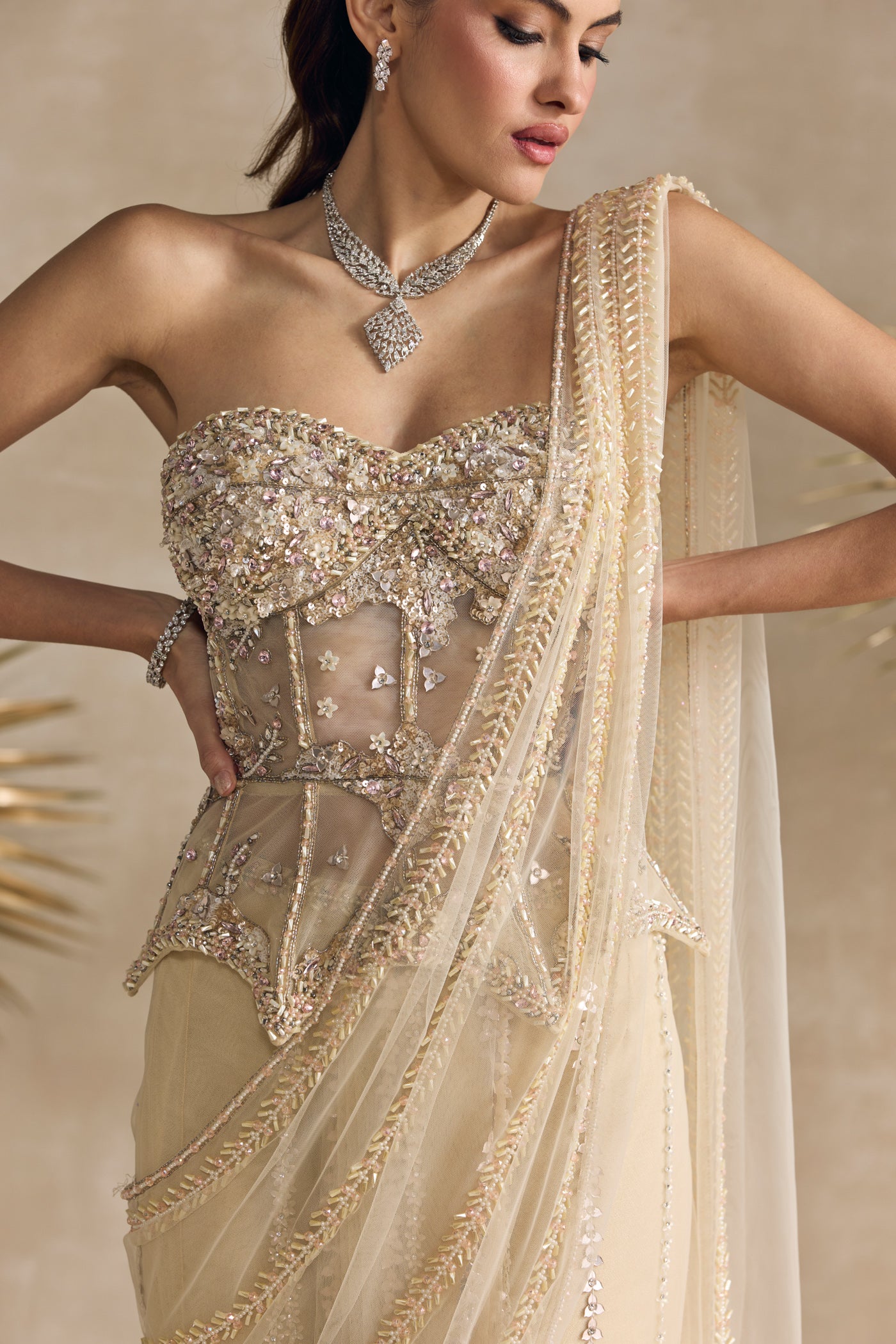 IVORY AND PINK PEPLUM CORSET PRE DRAPED SAREE