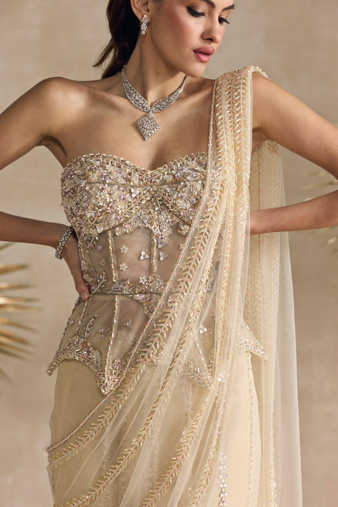 IVORY PEPLUM CORSET DRAPED SAREE