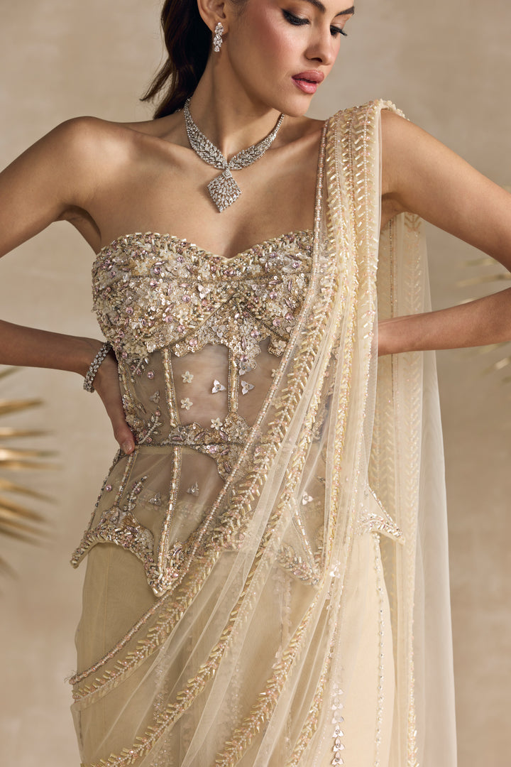 IVORY PEPLUM CORSET DRAPED SAREE