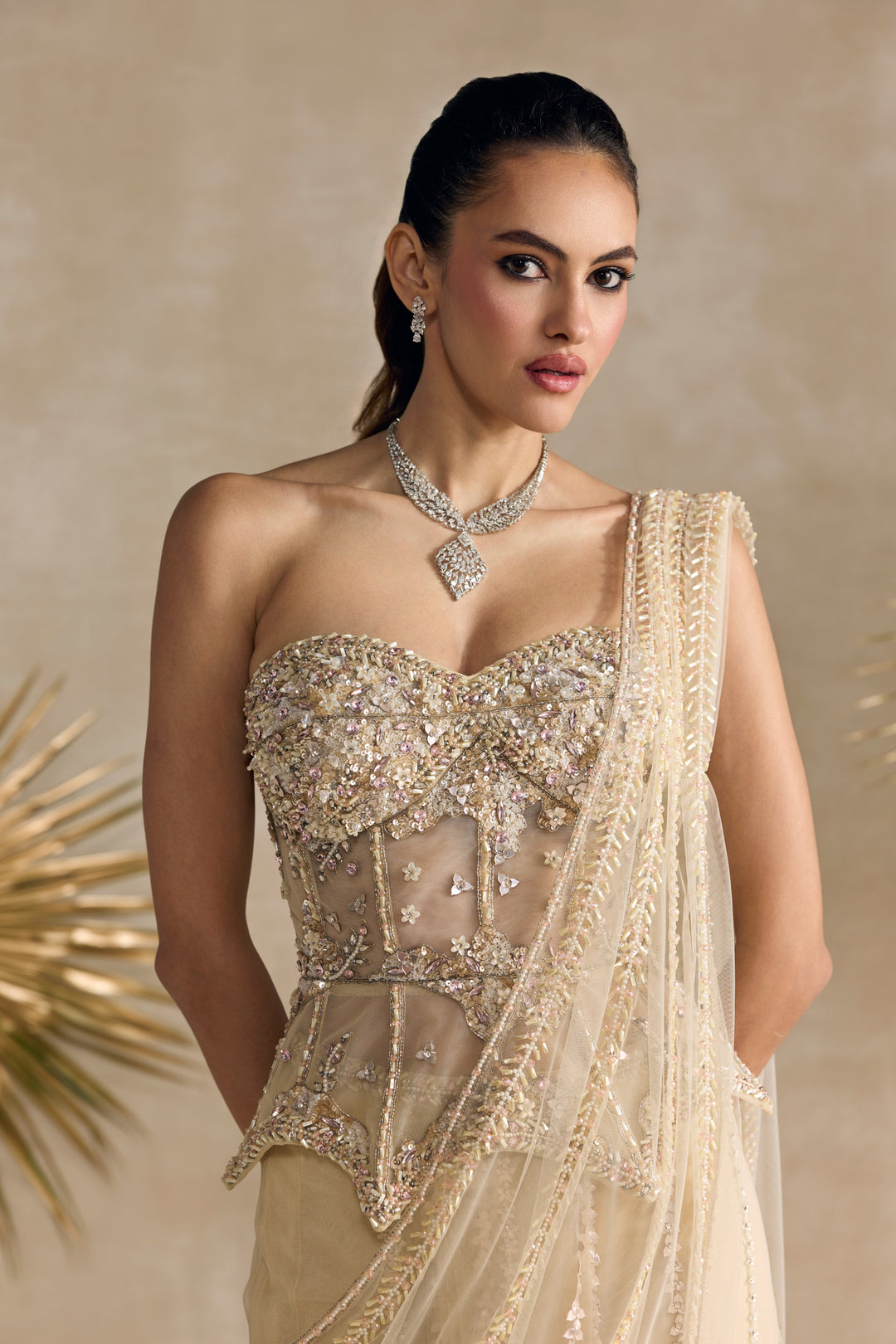 IVORY PEPLUM CORSET DRAPED SAREE