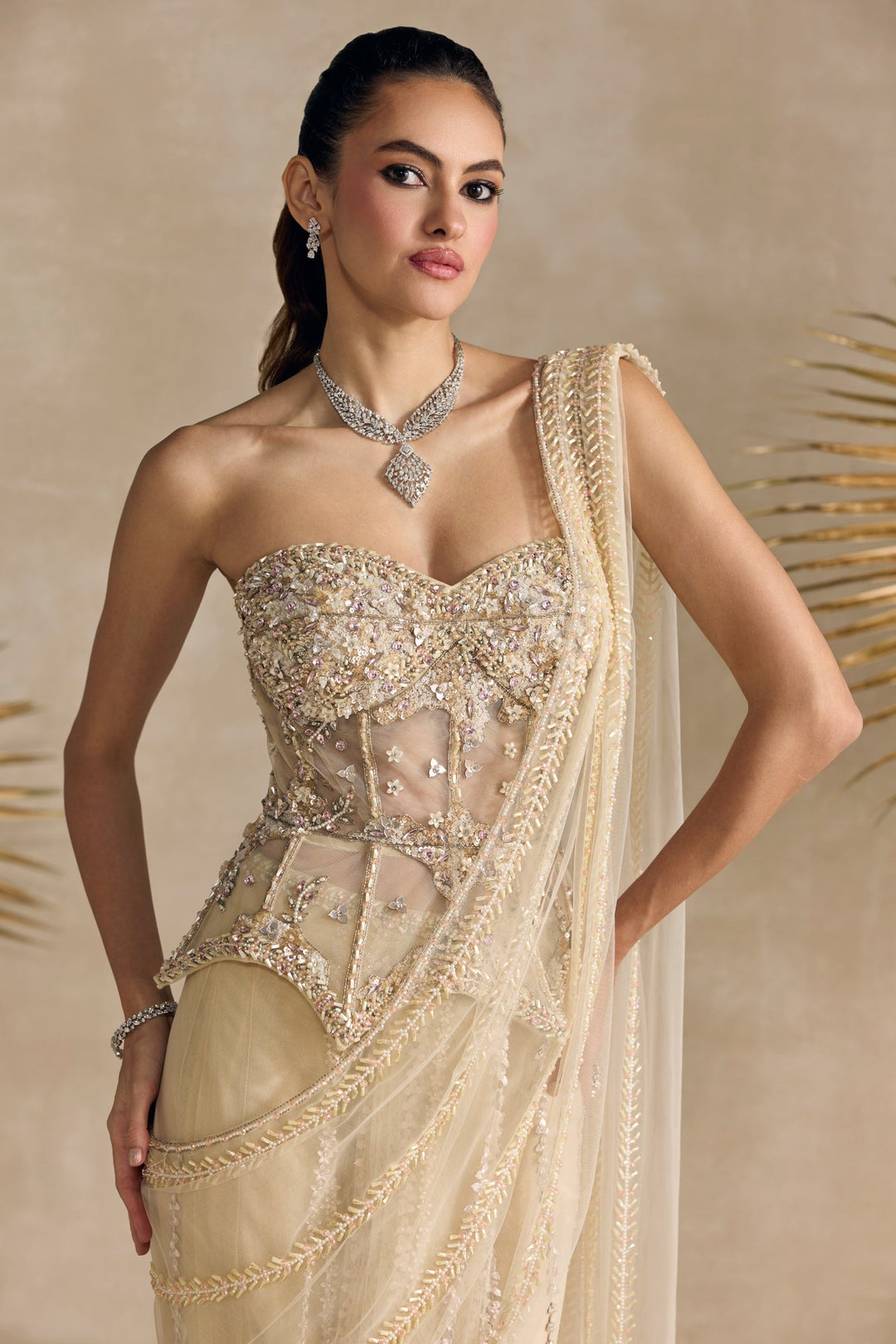 IVORY AND PINK PEPLUM CORSET PRE DRAPED SAREE