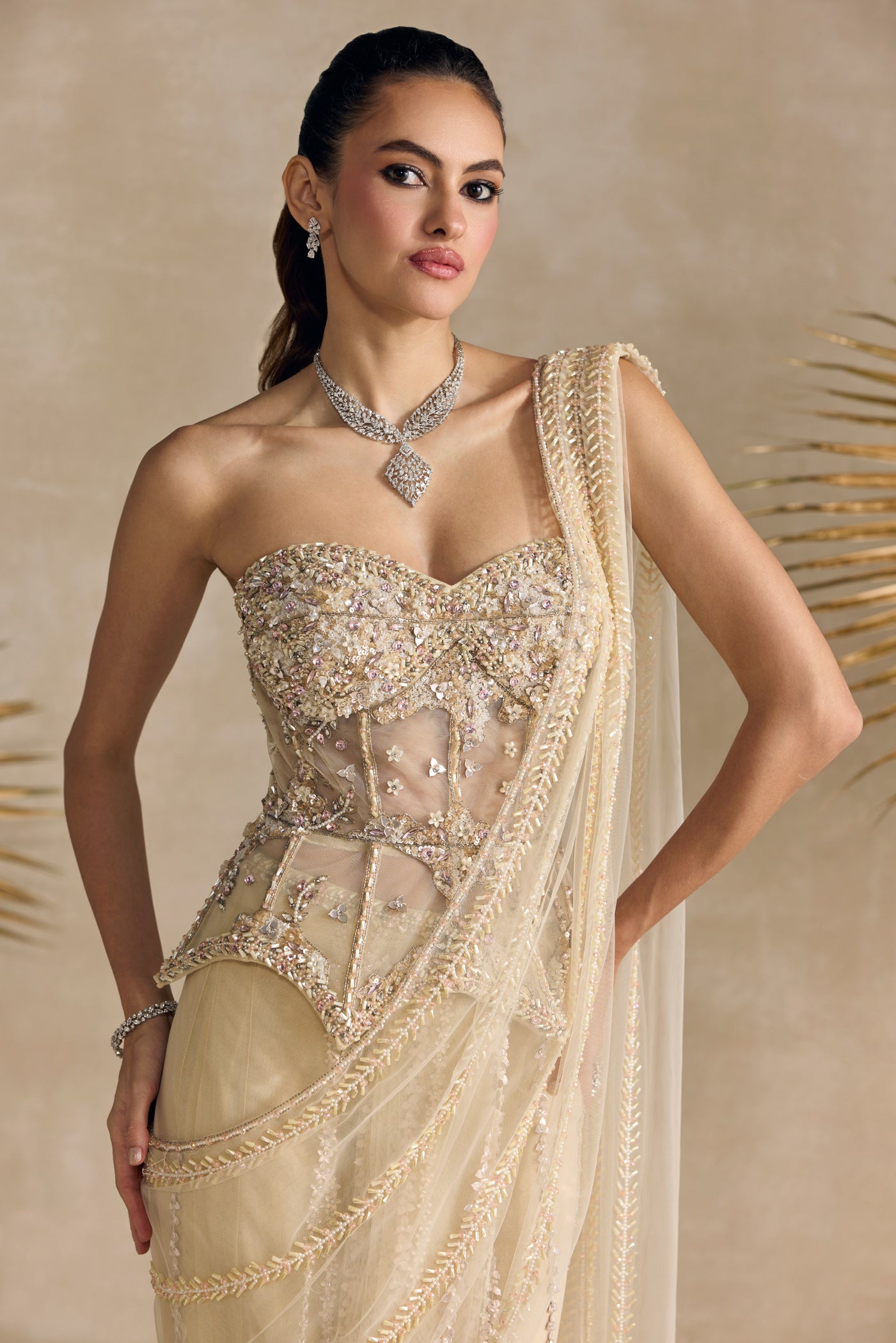 IVORY AND PINK PEPLUM CORSET PRE DRAPED SAREE