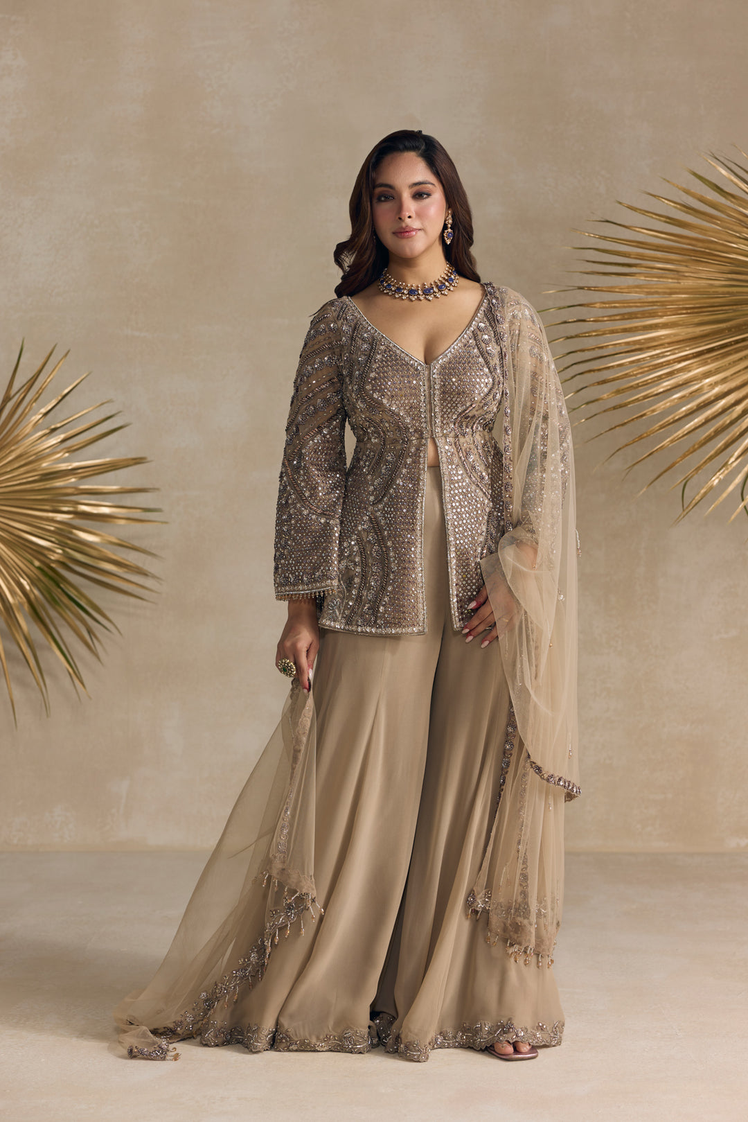DULL BROWN AND SILVER PEPLUM SHARARA SET
