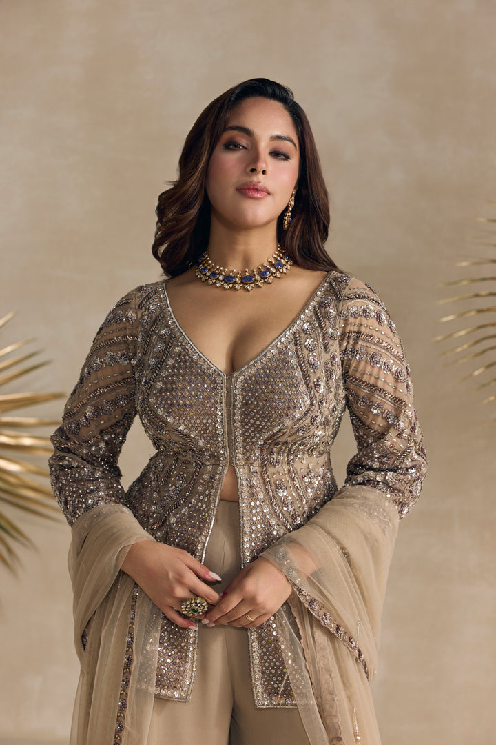 DULL BROWN AND SILVER PEPLUM SHARARA SET