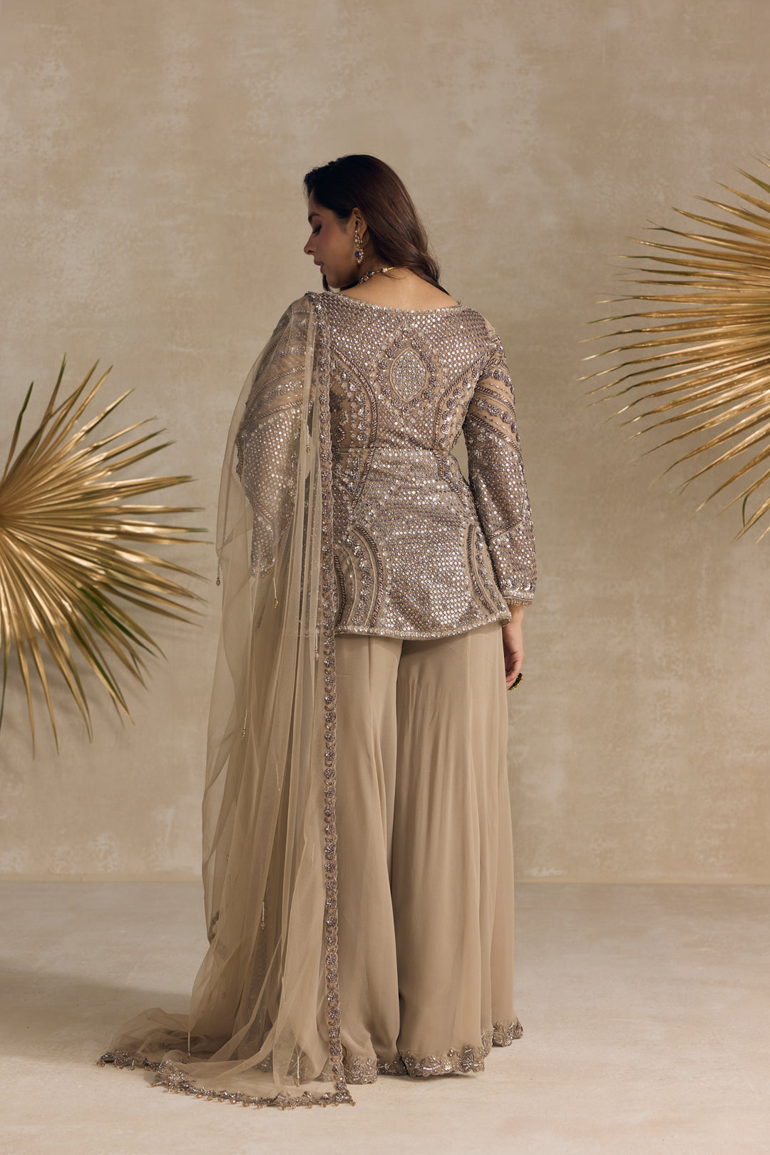 DULL BROWN AND SILVER PEPLUM SHARARA SET