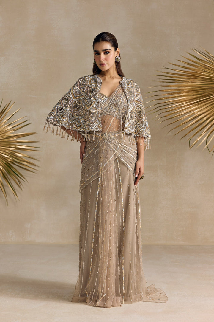 CHAMPAGNE GOLD AND SILVER PRE DRAPED SAREE CAPE SET