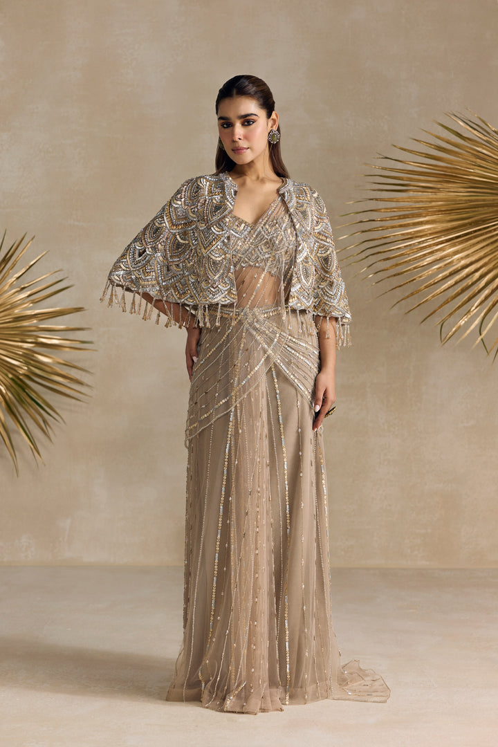 GOLD CAPE PRE DRAPED SAREE SET