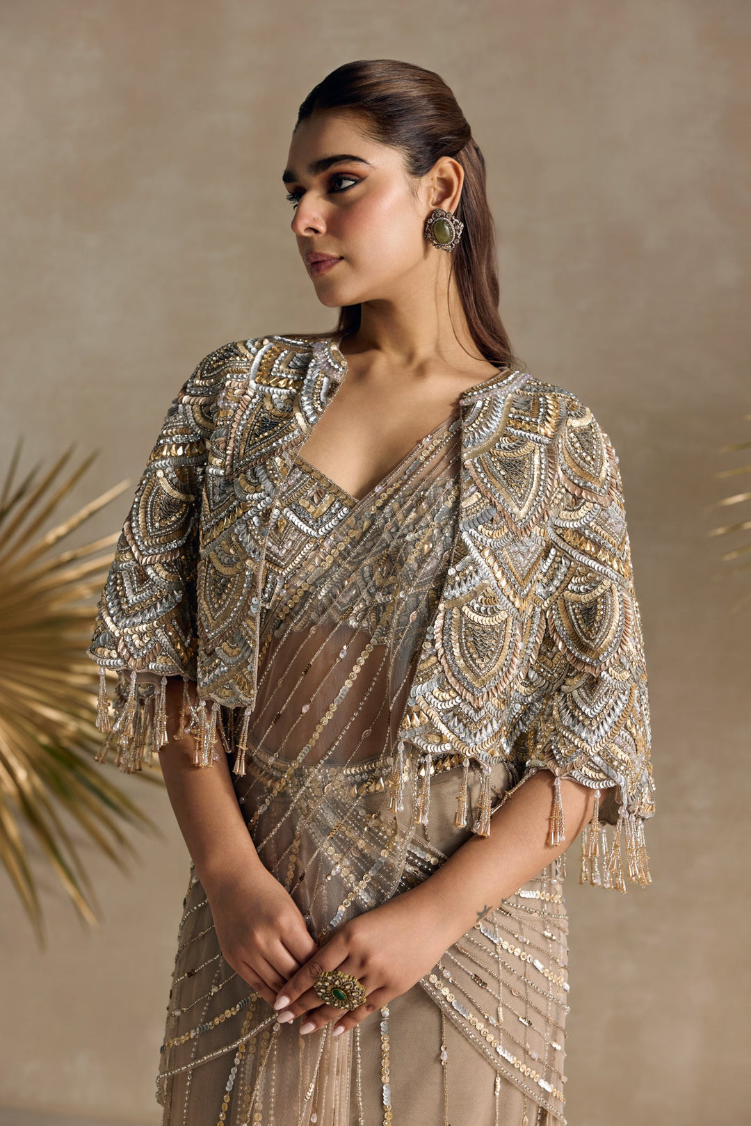 CHAMPAGNE GOLD AND SILVER PRE DRAPED SAREE CAPE SET