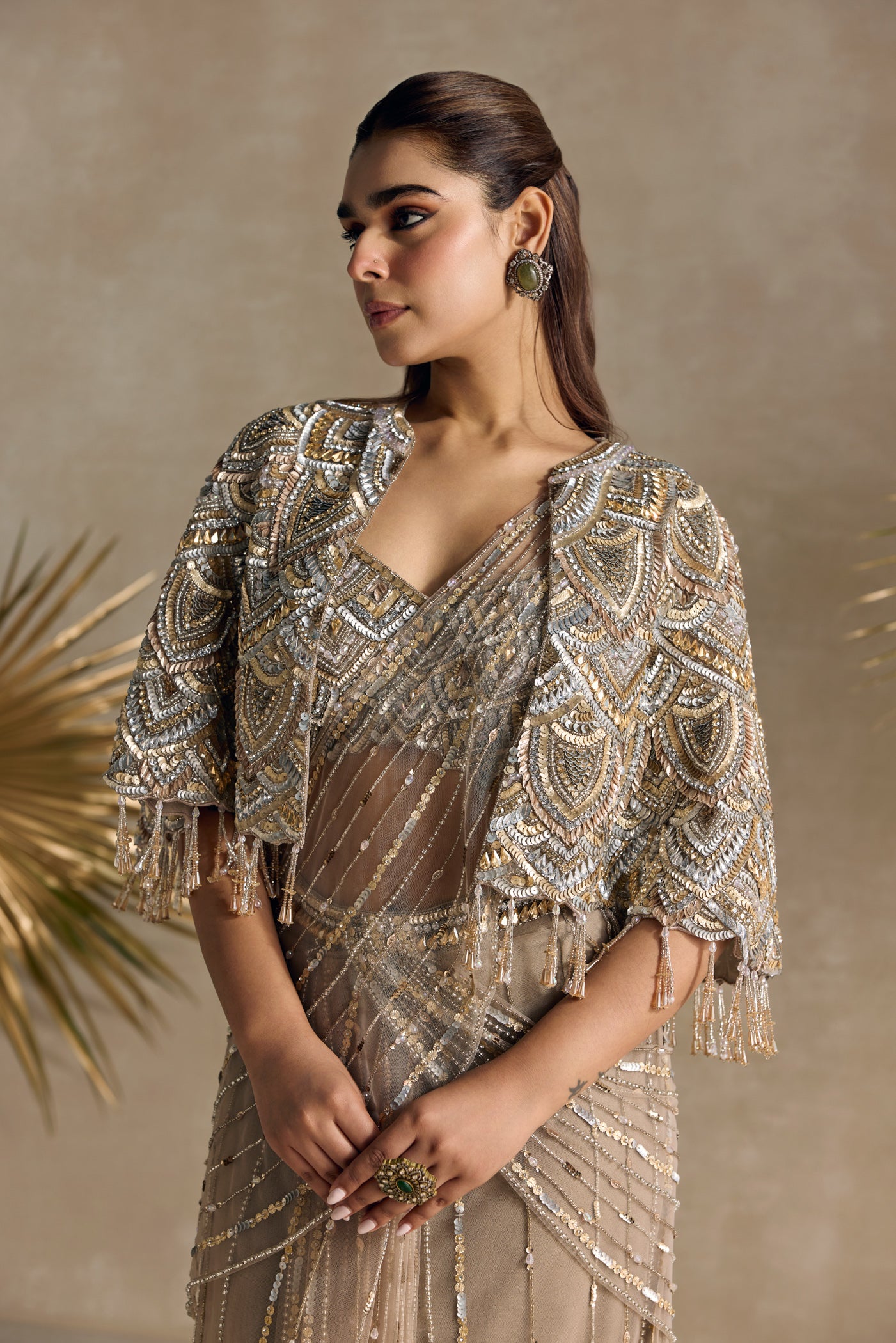 CHAMPAGNE GOLD AND SILVER PRE DRAPED SAREE CAPE SET