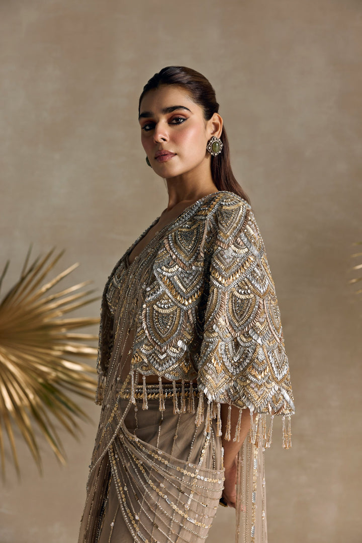 CHAMPAGNE GOLD AND SILVER PRE DRAPED SAREE CAPE SET