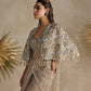 CHAMPAGNE GOLD AND SILVER PRE DRAPED SAREE CAPE SET