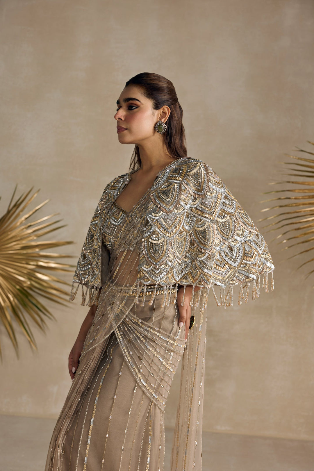 CHAMPAGNE GOLD AND SILVER PRE DRAPED SAREE CAPE SET