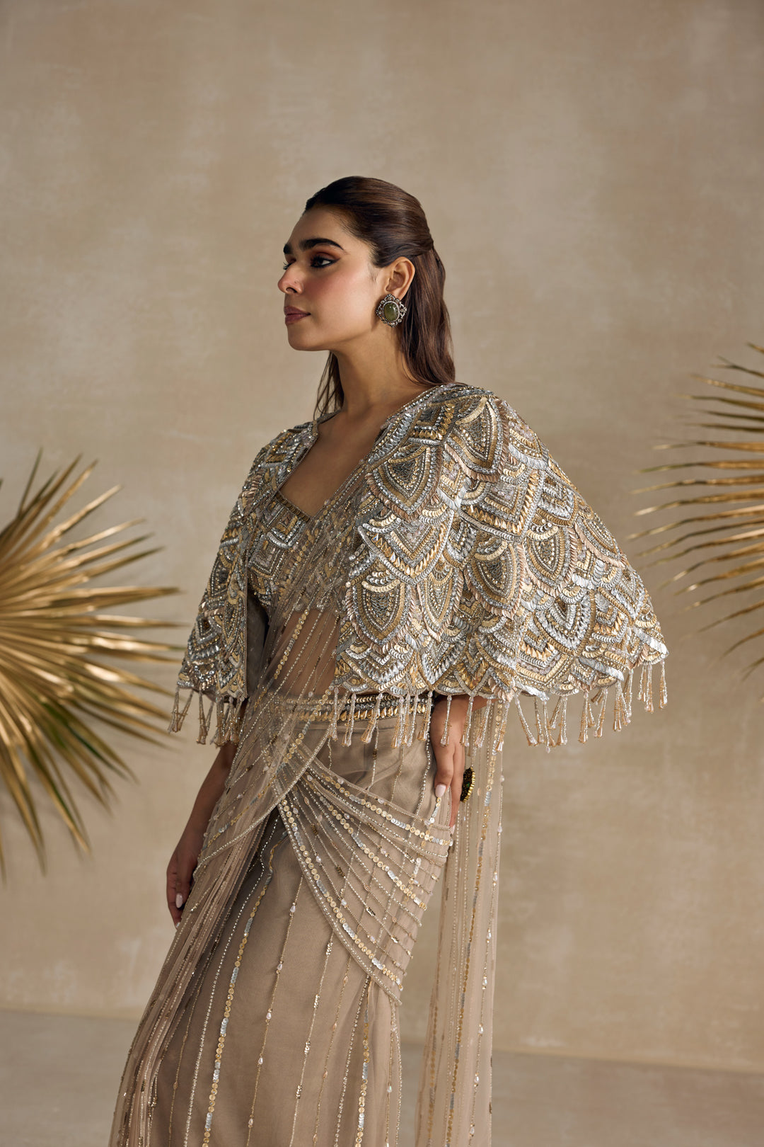 GOLD CAPE PRE DRAPED SAREE SET