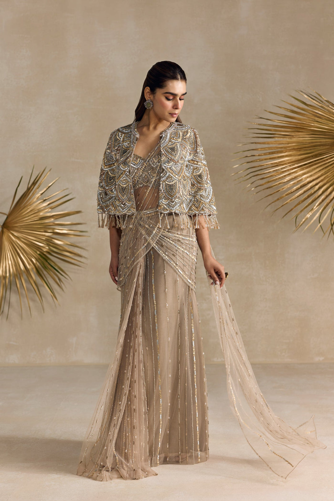 CHAMPAGNE GOLD AND SILVER PRE DRAPED SAREE CAPE SET