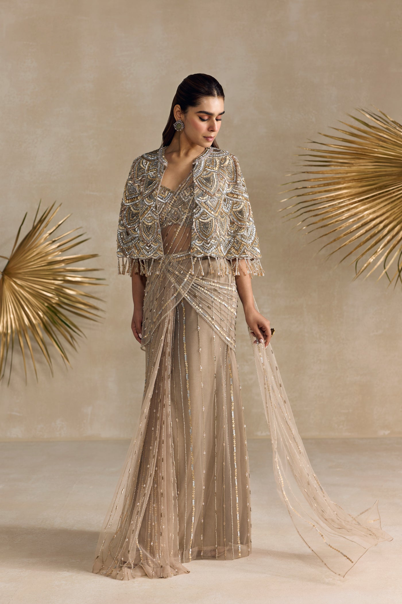 CHAMPAGNE GOLD AND SILVER PRE DRAPED SAREE CAPE SET