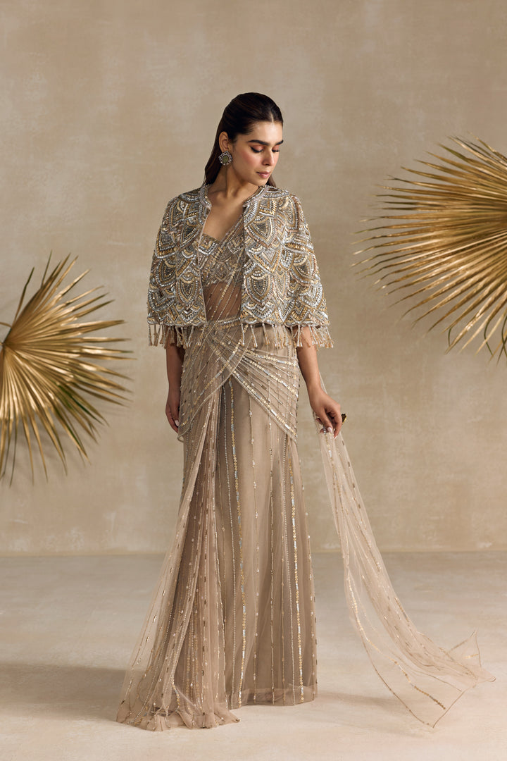 GOLD CAPE PRE DRAPED SAREE SET
