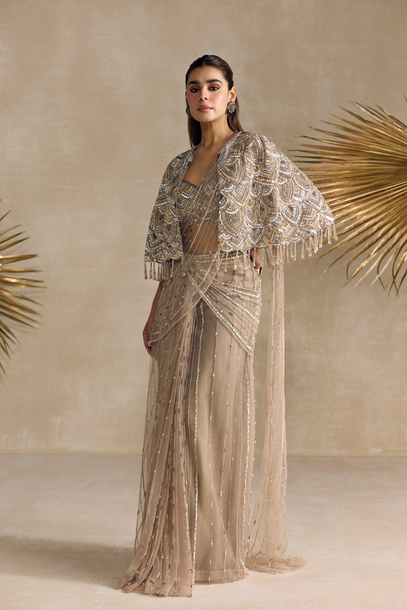 CHAMPAGNE GOLD AND SILVER PRE DRAPED SAREE CAPE SET