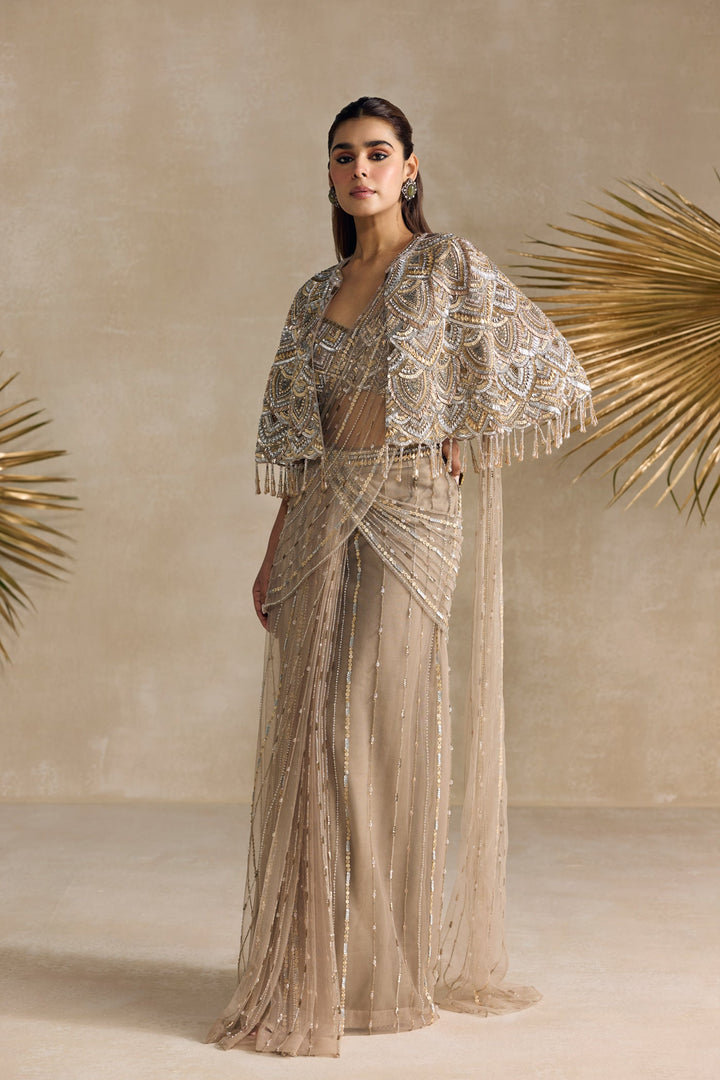 CHAMPAGNE GOLD AND SILVER PRE DRAPED SAREE CAPE SET