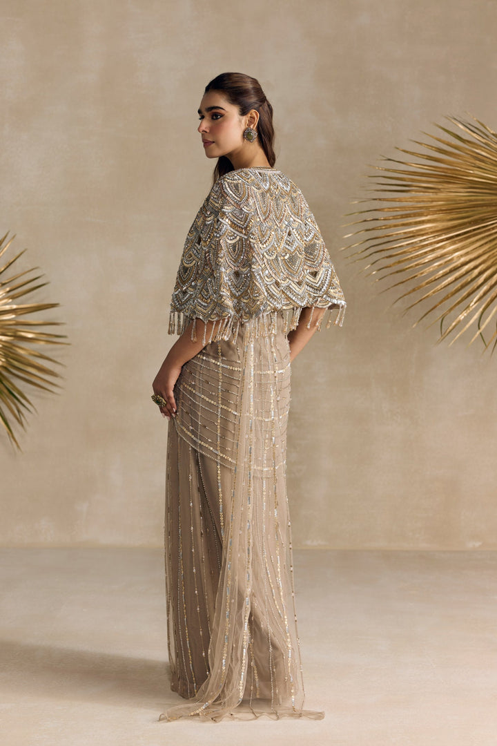 CHAMPAGNE GOLD AND SILVER PRE DRAPED SAREE CAPE SET