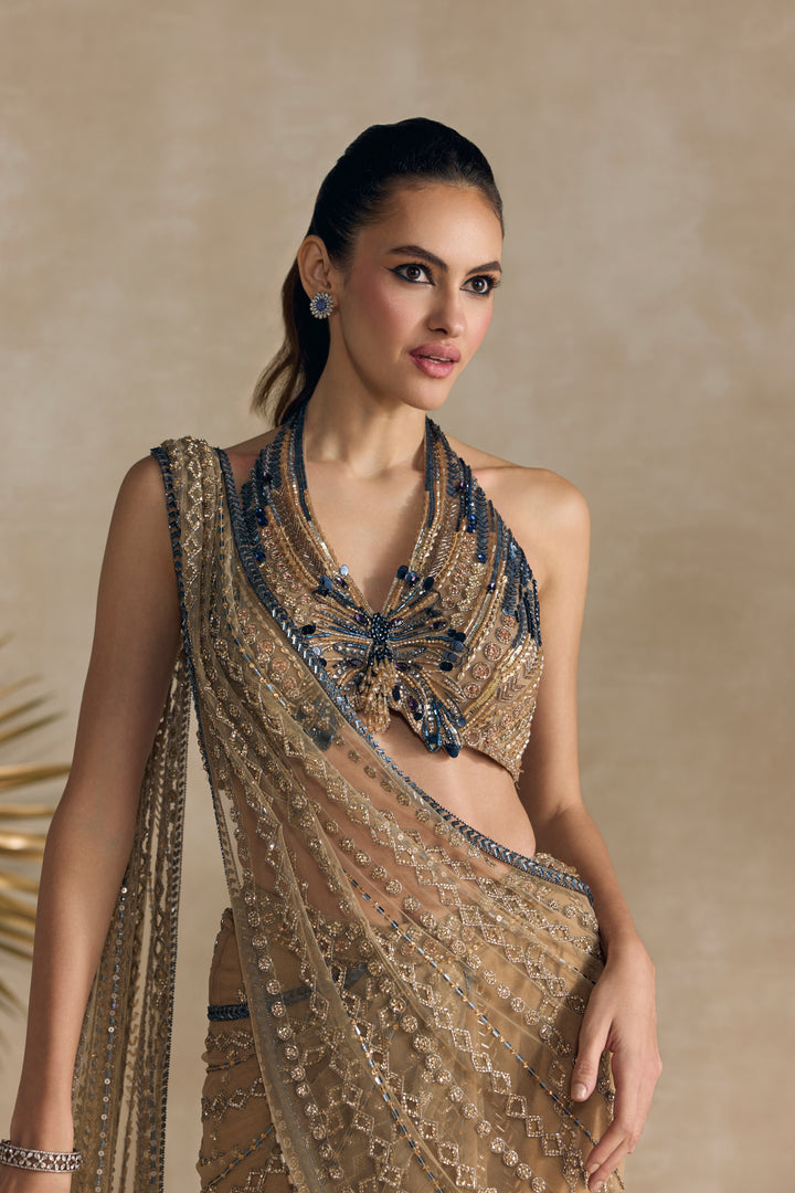 GOLD BLUE PRE DRAPED SAREE
