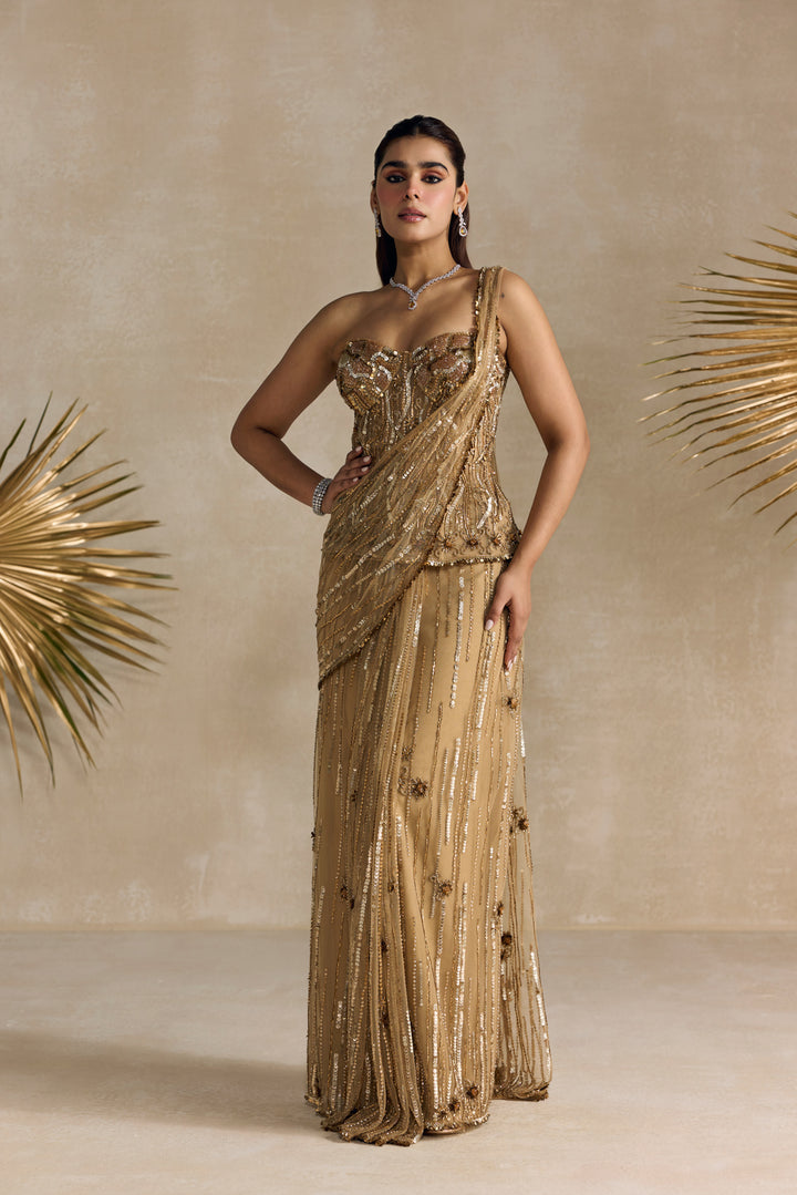 GOLD PEPLUM CORSET PRE DRAPED SAREE