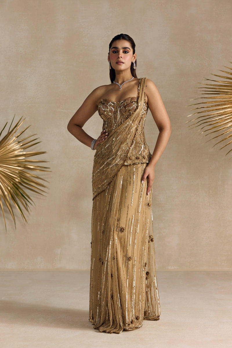 GOLD PEPLUM CORSET PRE DRAPED SAREE