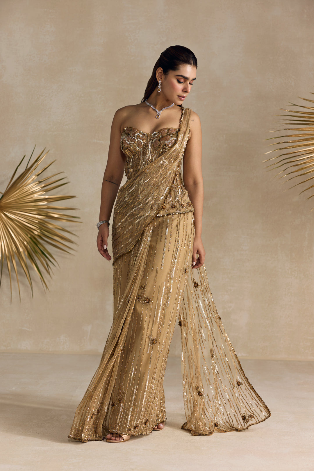 GOLD PEPLUM CORSET PRE DRAPED SAREE