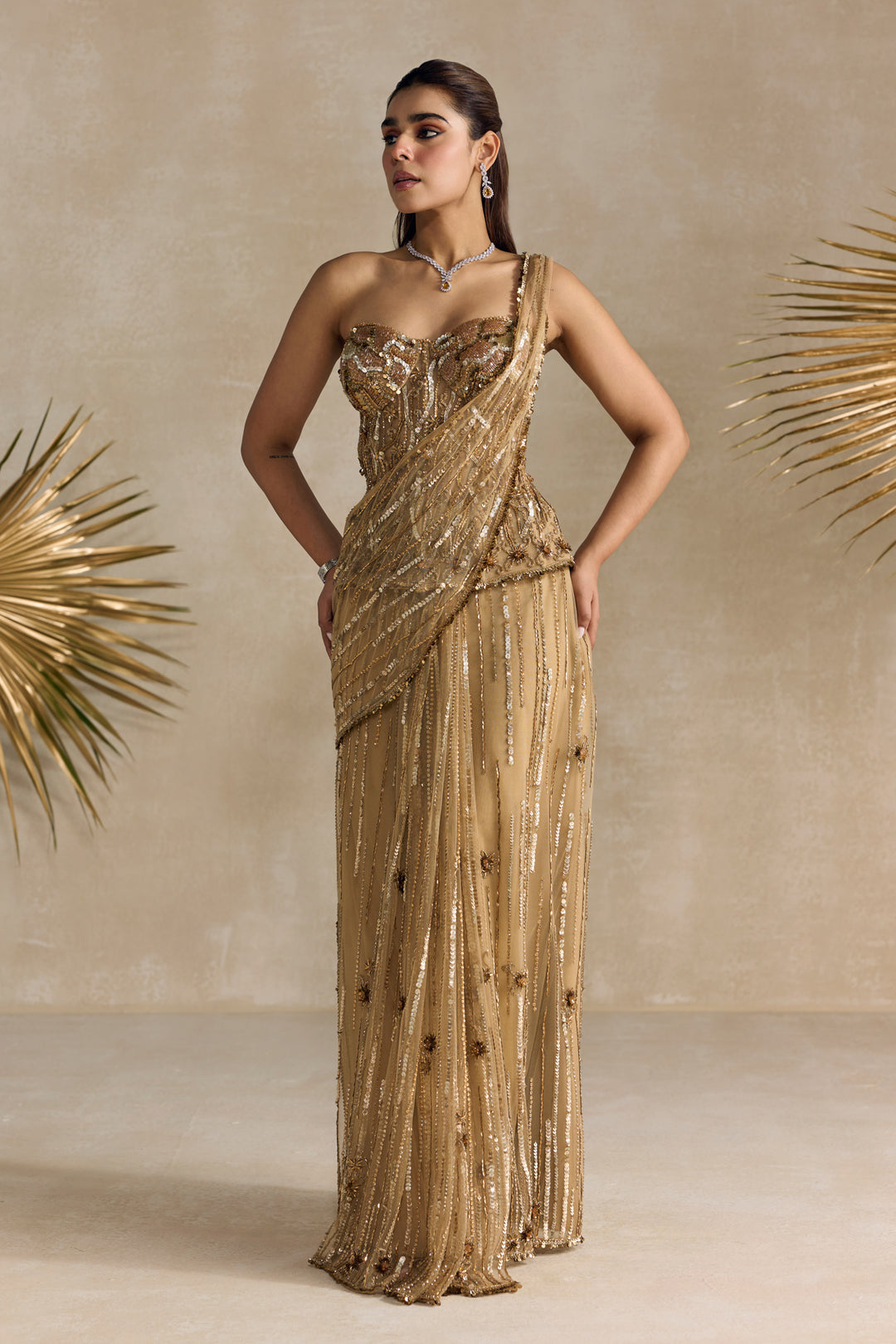 GOLD PEPLUM CORSET PRE DRAPED SAREE