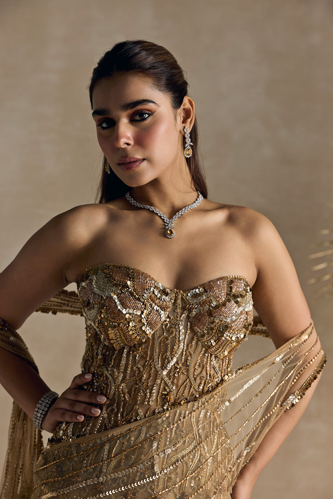 GOLD PEPLUM CORSET PRE DRAPED SAREE